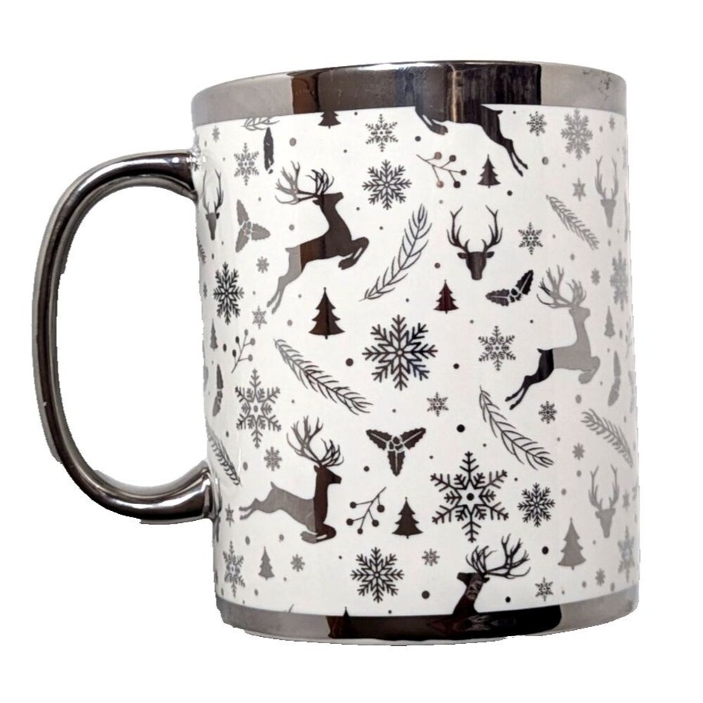 Camila Silver Reindeer Coffee Mug Snowflake on White Polish Free Finish Holiday